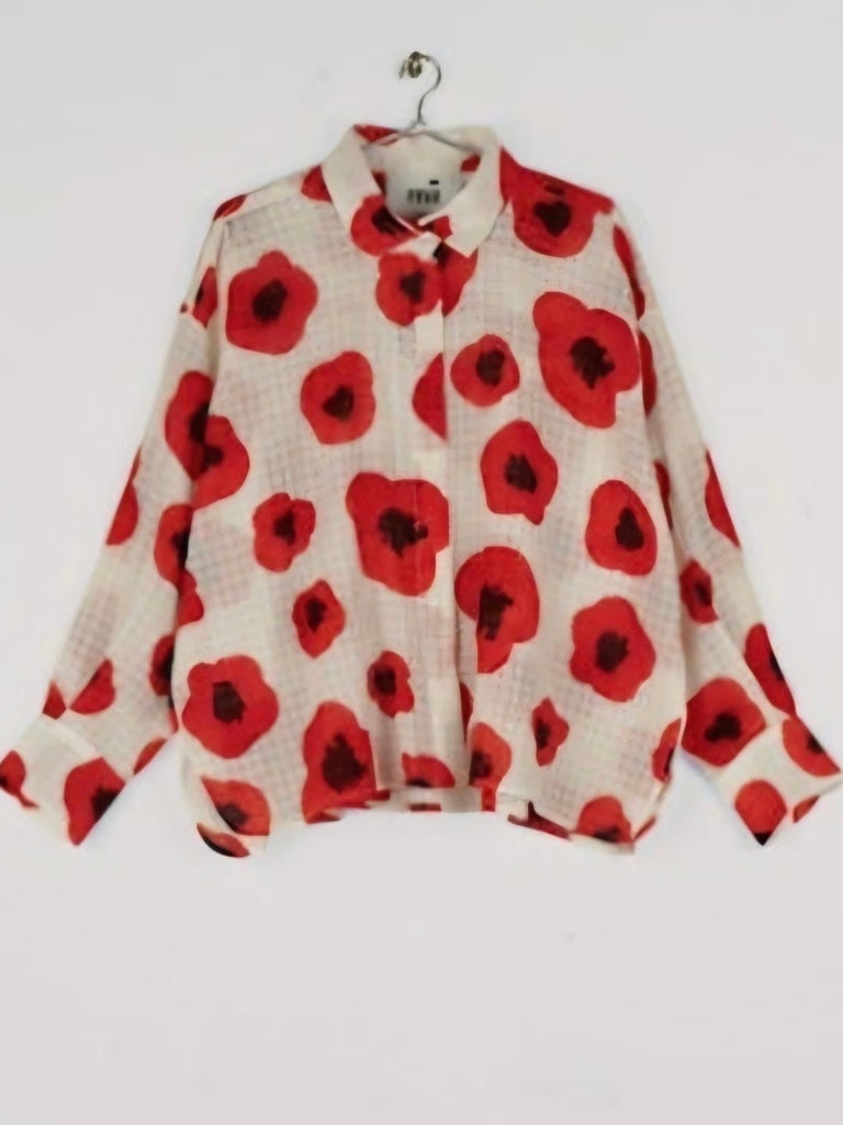 Camicia Mii Collection Greta La Dessinatrice Poppy cotone bianco papaveri rossi 